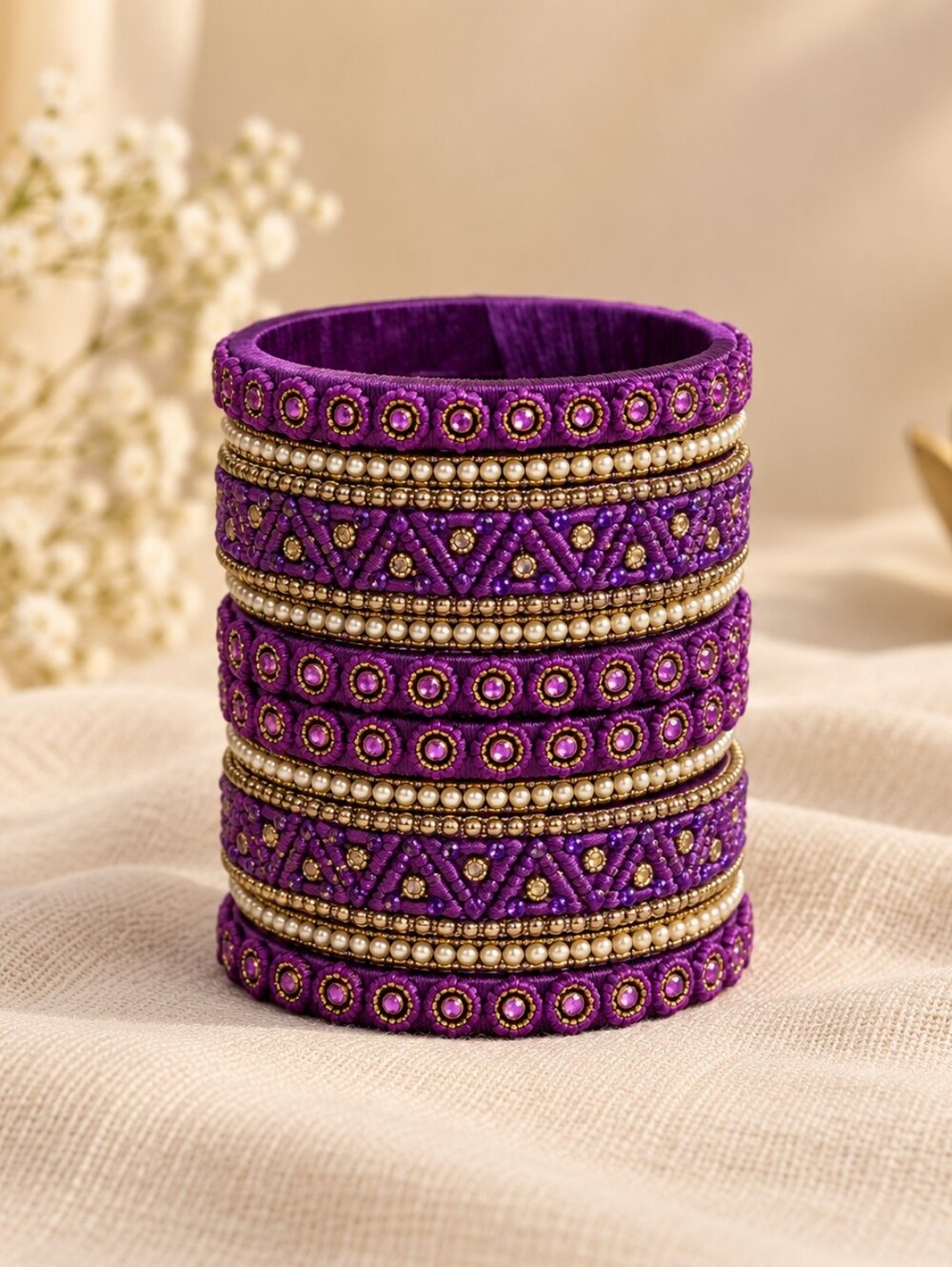 Purple Thread Bangle Set Size 2.8 | Gold & Pearl Stone Work | Ethnic Jewelry